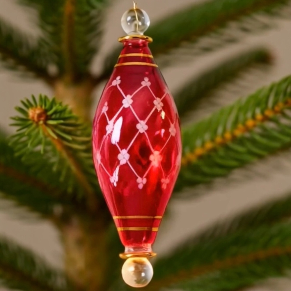 Vintage Egyptian Glass Teardrop Christmas Ornament Red & Gold Holiday Art Decor